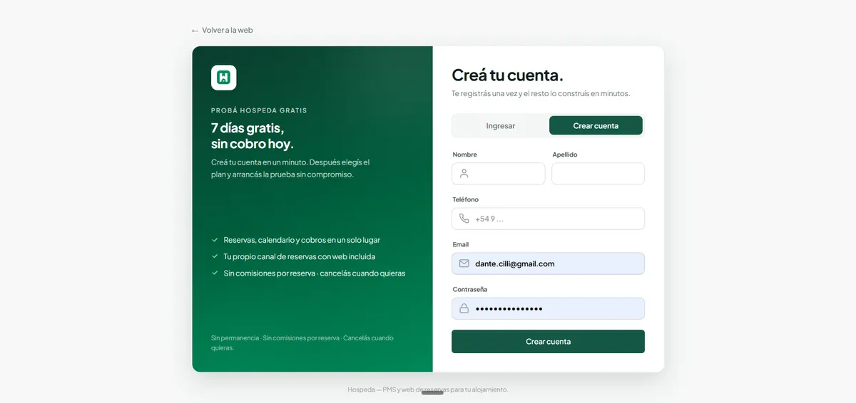 Pantalla de creación de cuenta de Hospeda