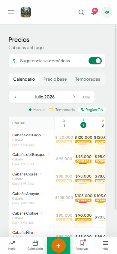 Tarifas por día y por unidad, temporadas y reglas automáticas. Cobrás lo justo en cada fecha del año.