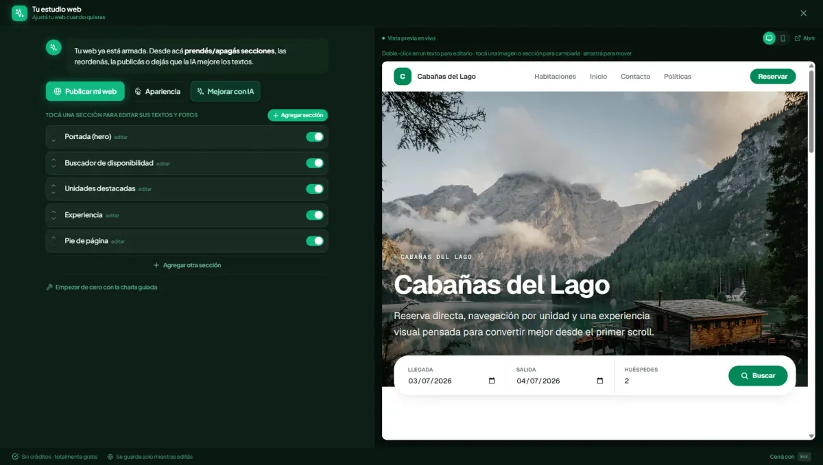 Studio de Hospeda: armás tu web y la ves actualizarse en vivo